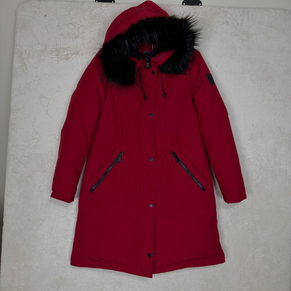 Vince Camuto Red Down Blend Faux Fur Trim Hooded Winter Parka Coat Womens Medium